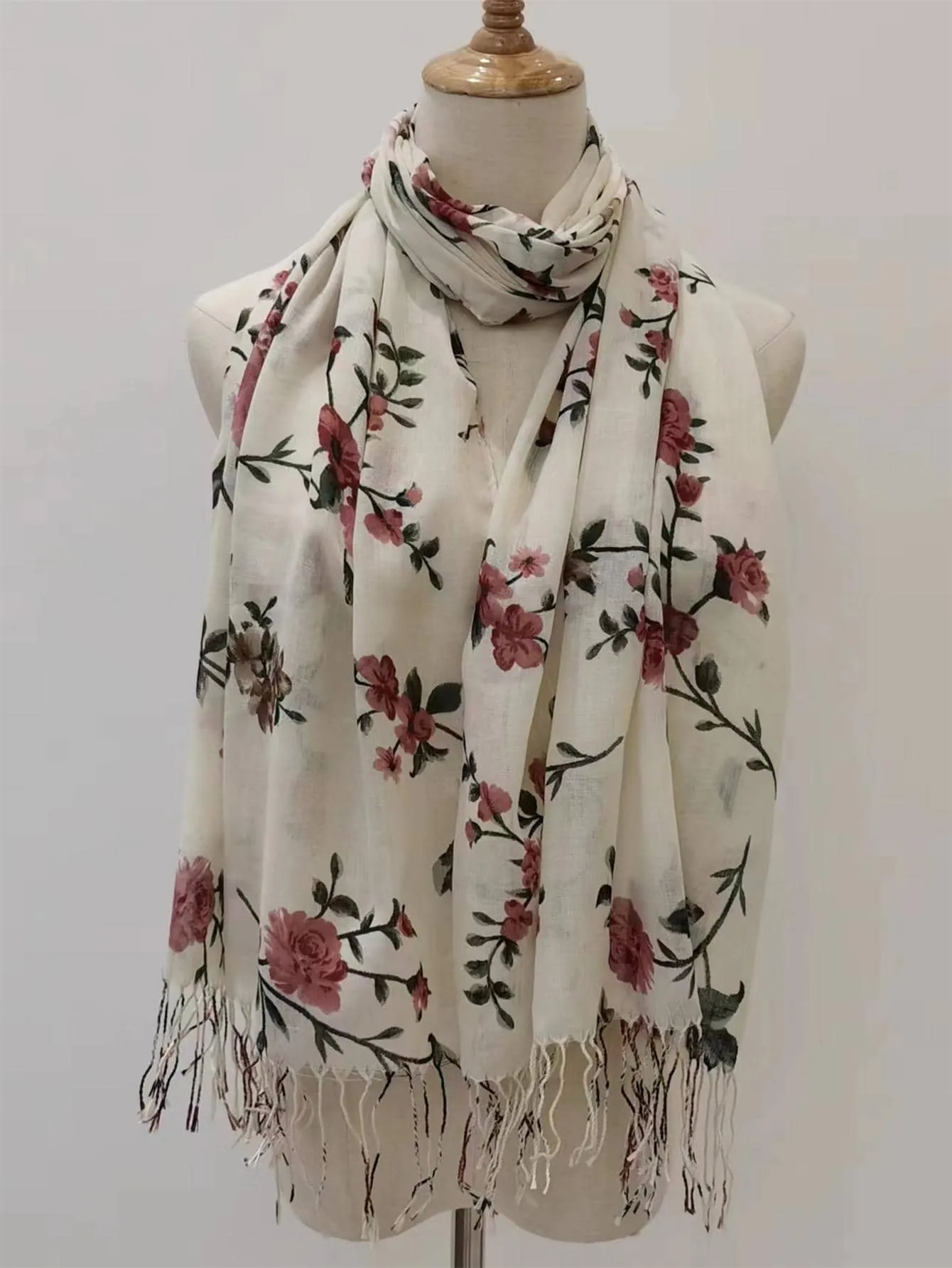 1pc Women Floral Pattern Fringe Trim Fashionable Scarf For Daily Life