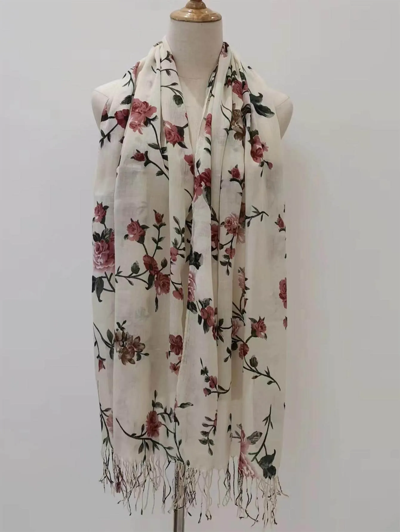 1pc Women Floral Pattern Fringe Trim Fashionable Scarf For Daily Life