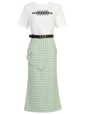 2PS White 1950S Vintage Classic Tshirt And Green Plaid Mermaid Skirt