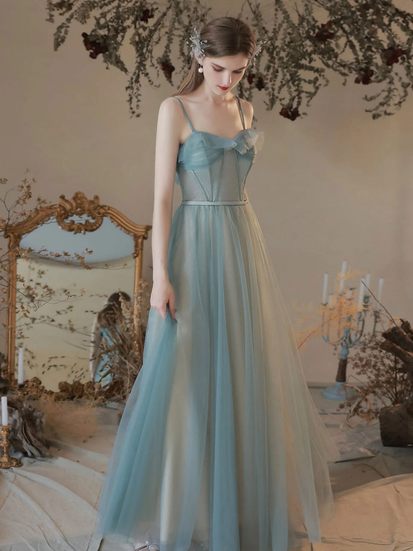 A line green tulle long prom dress green tulle formal evening dress