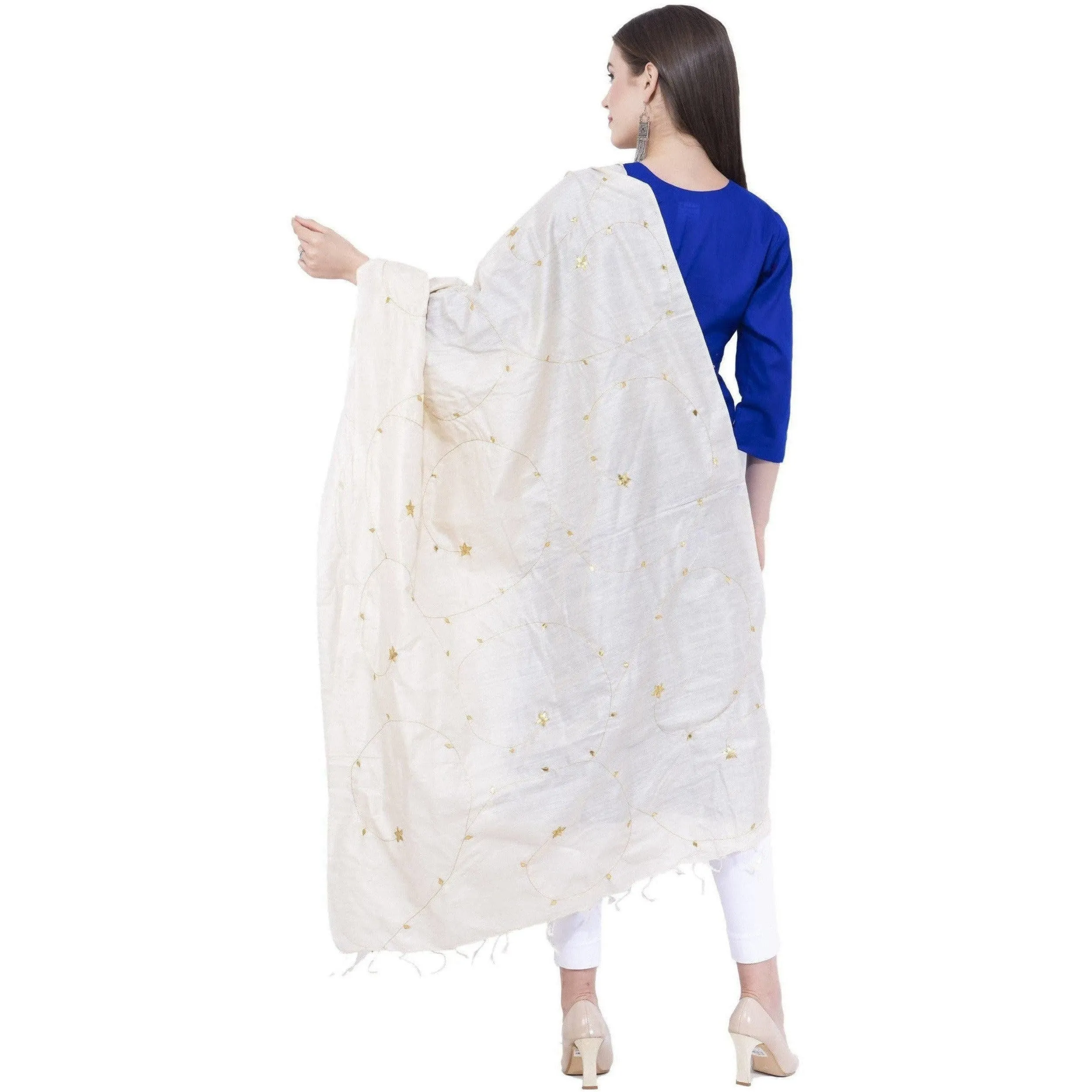 A R Silk Women's Zari Embroidery Pure Tussar Silk Light Golden Dupatta