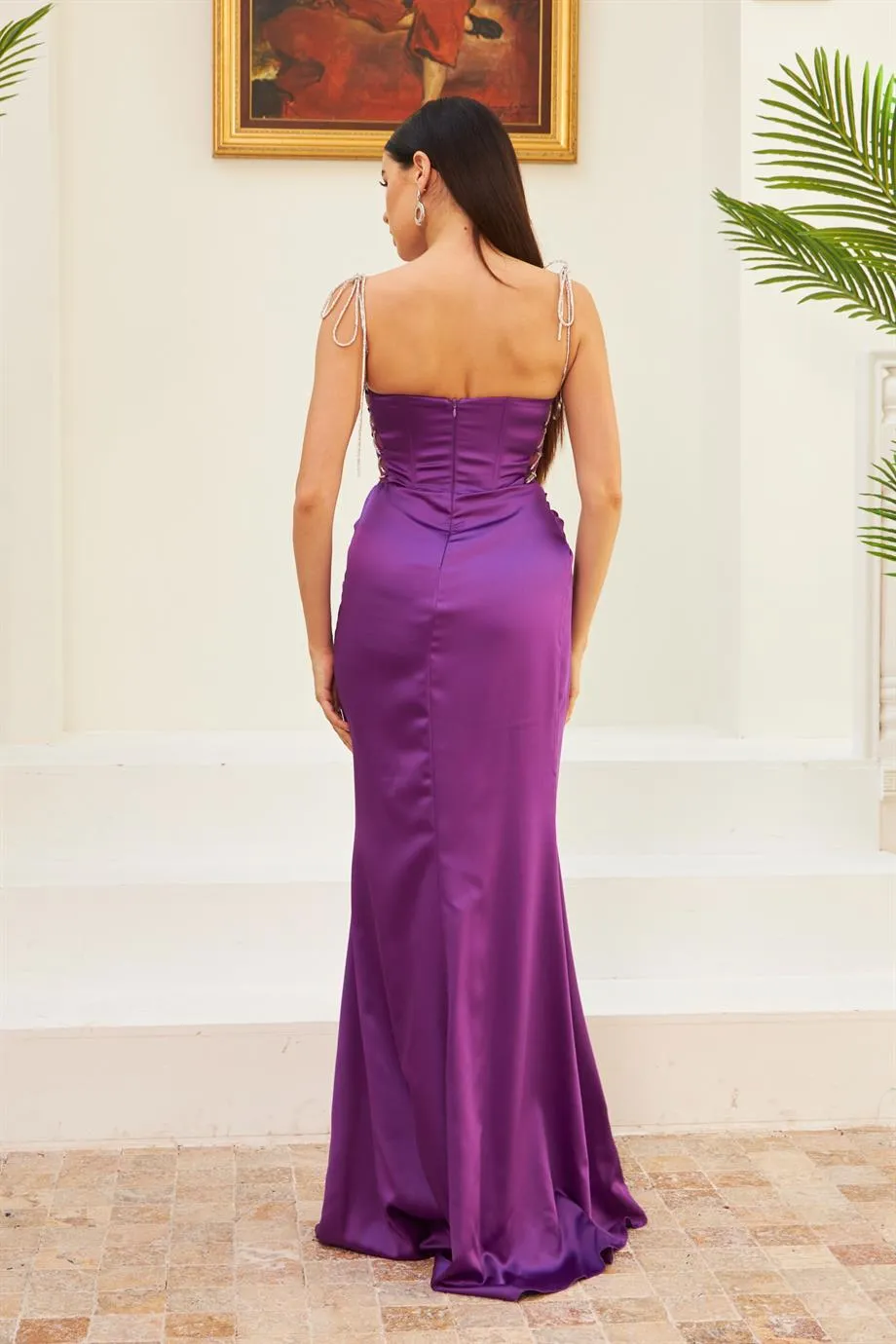 Angelino Purple Satin Tied Long Evening Dress and Invitation Dress