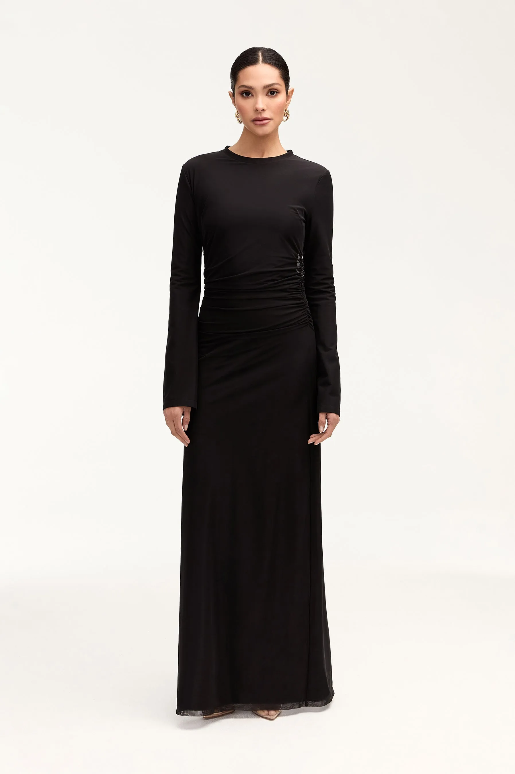 Arianna Rouched Mesh Maxi Dress - Black