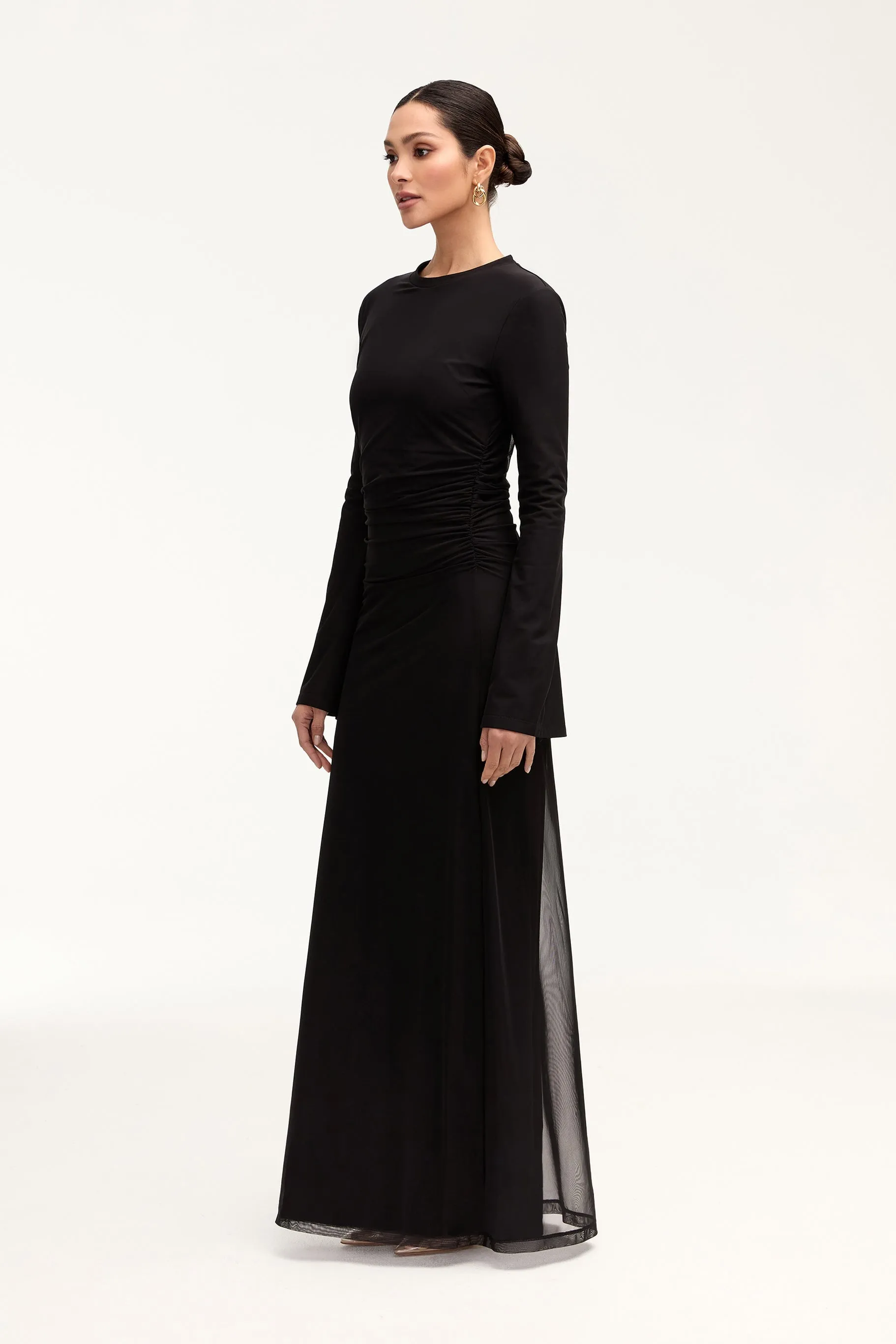 Arianna Rouched Mesh Maxi Dress - Black