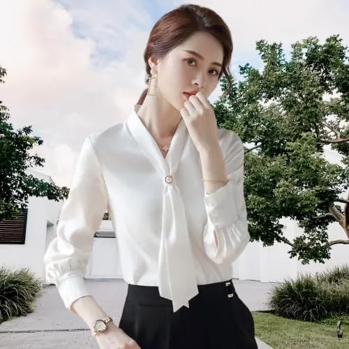 A.S Enterprises Office Long Sleeve White Woman Shirt Korean Chiffon Women Blouse V Neck Loose (White Top -04 Large)