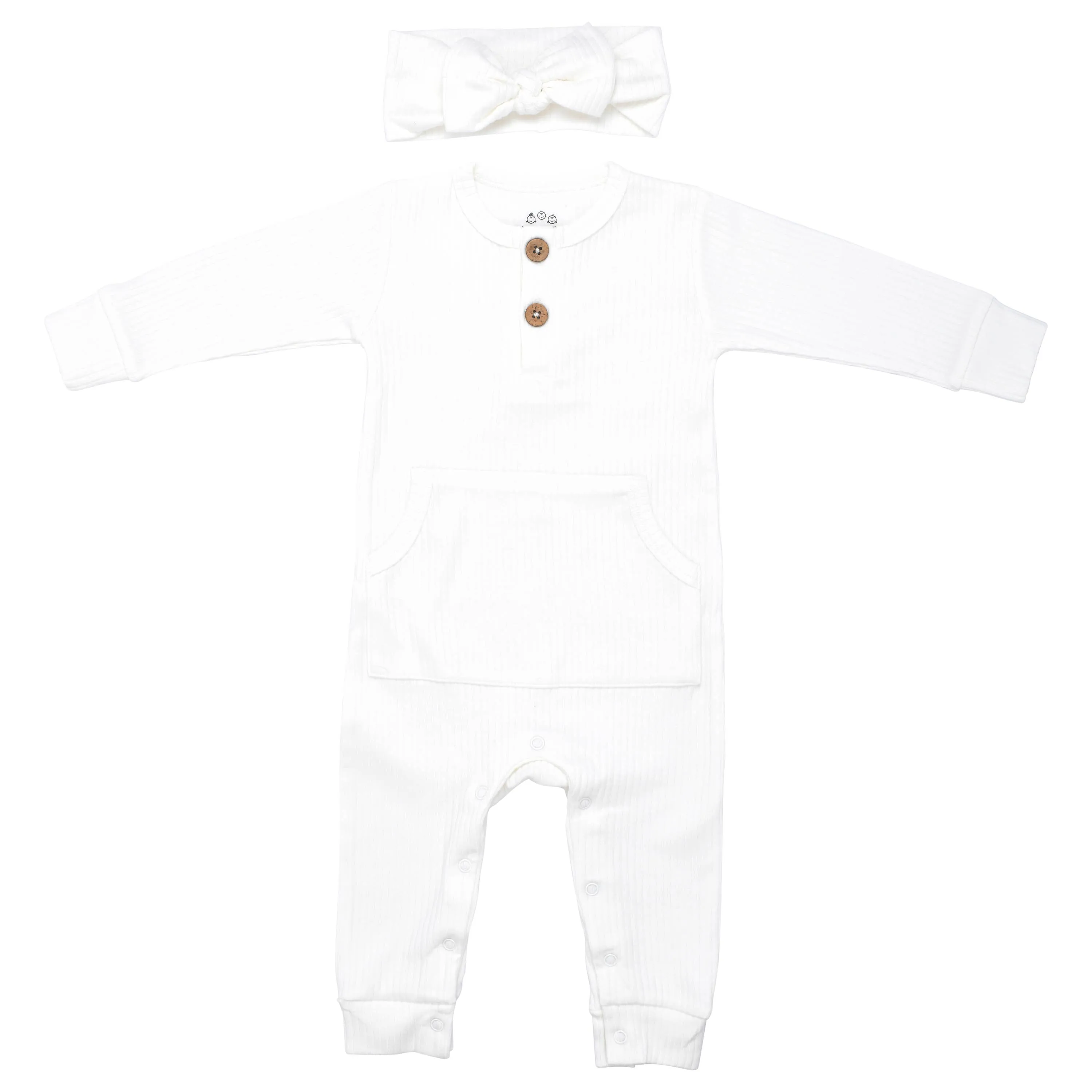 Baby Ribbed Playsuit with Pockets / White