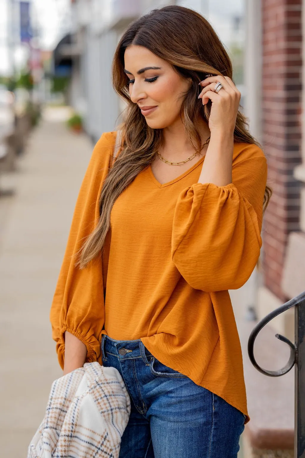 Balloon Sleeve V Blouse