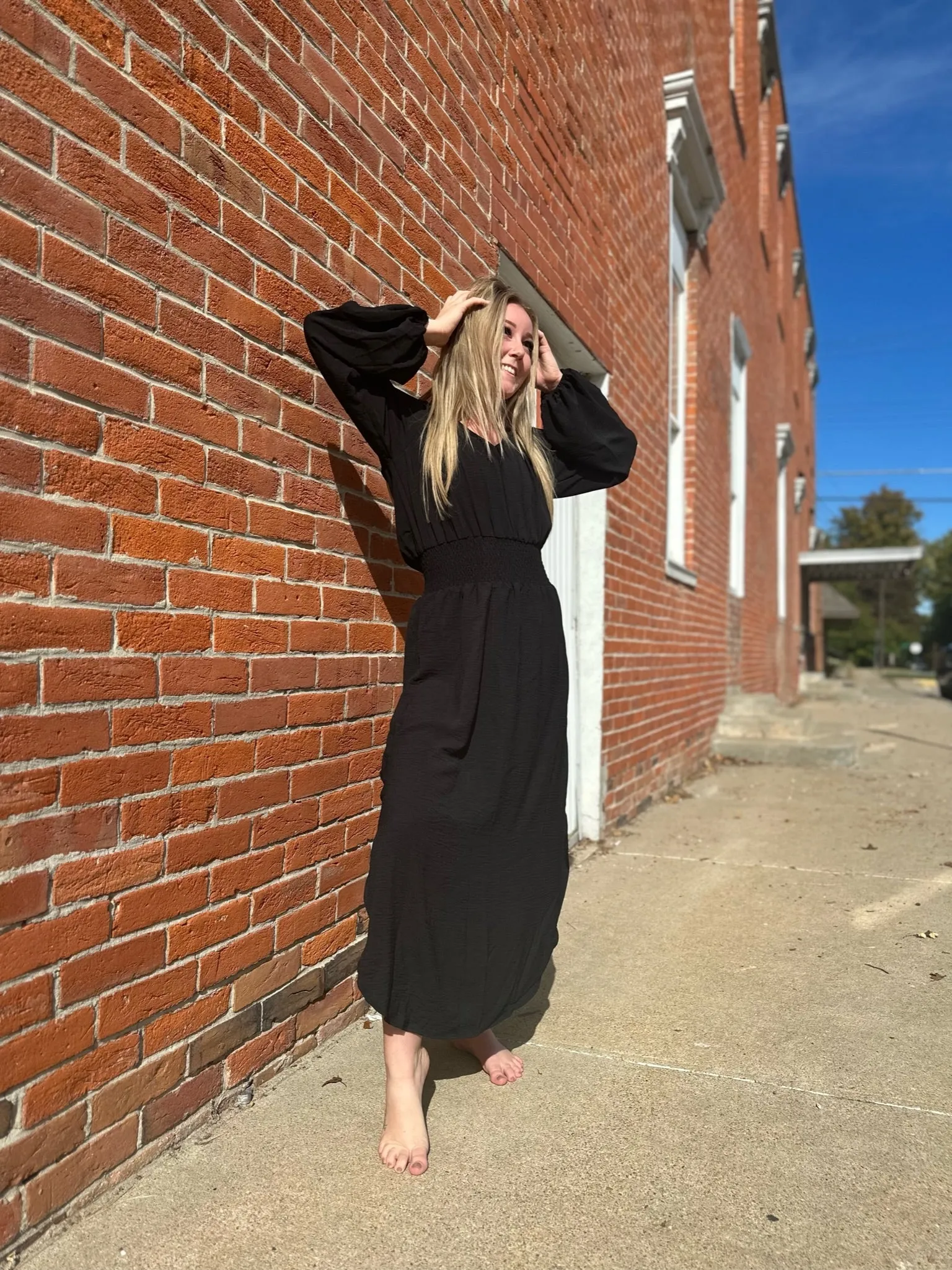 Black Smocked Waist Dress