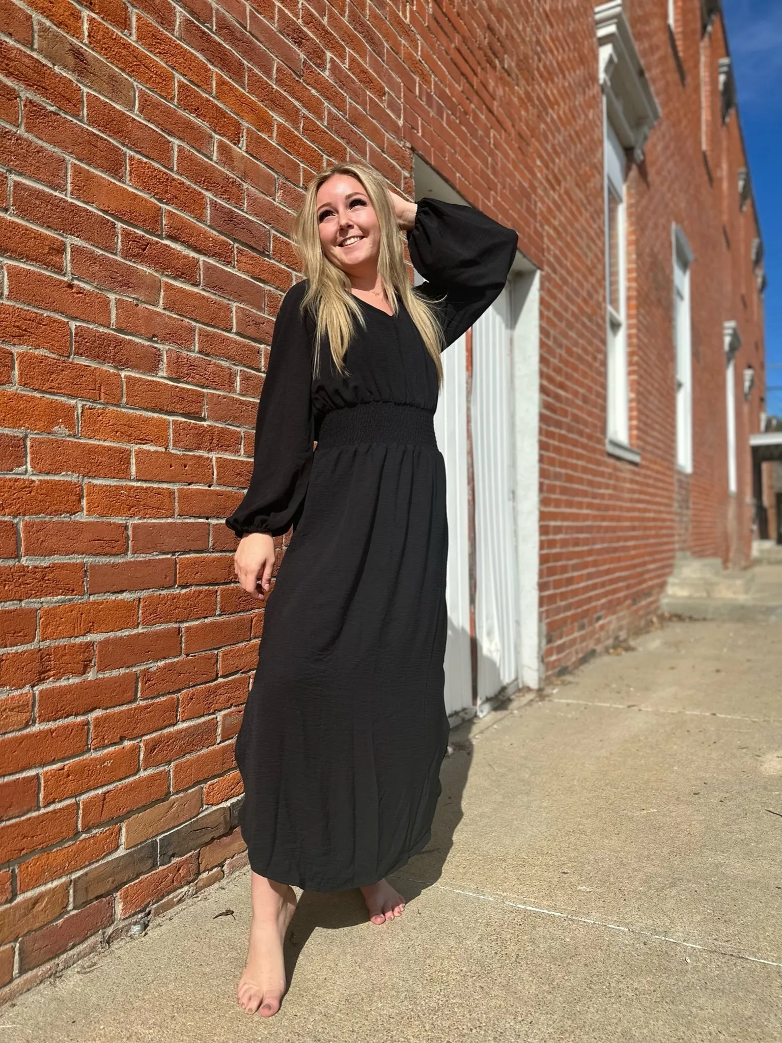 Black Smocked Waist Dress