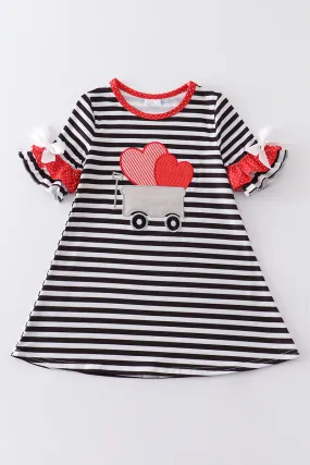 Black stripe heart applique bell sleeve dress