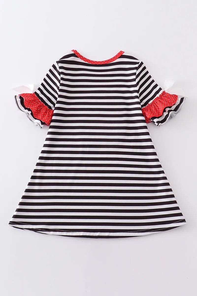 Black stripe heart applique bell sleeve dress