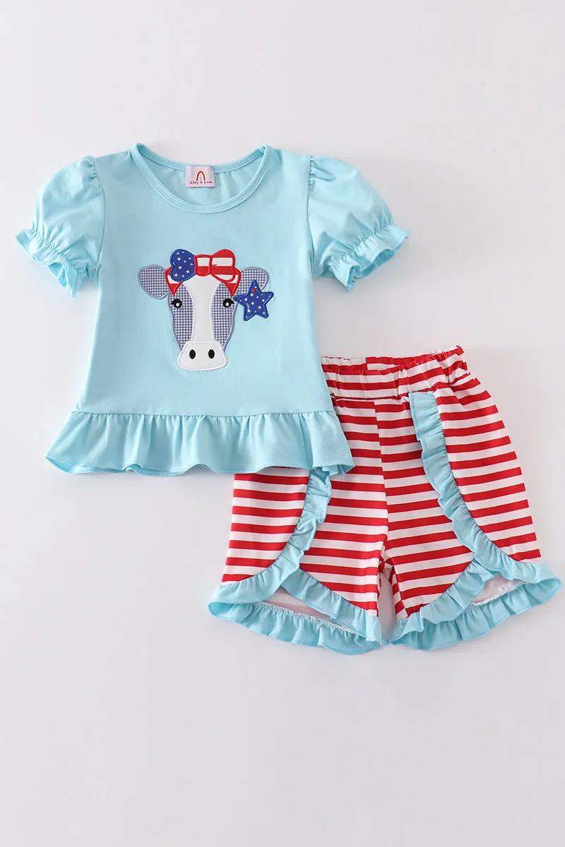 Blue patriotic cow applique girl set