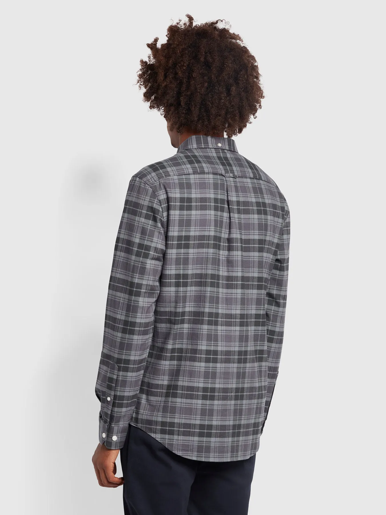 Brewer Slim Fit Organic Cotton Check Oxford Shirt In Battleship Grey Farah GWQ