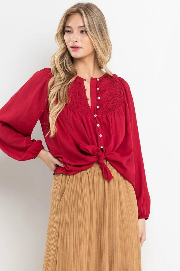 BURGUNDY SHIRRING DETAILED BUTTON DOWN BLOUSE