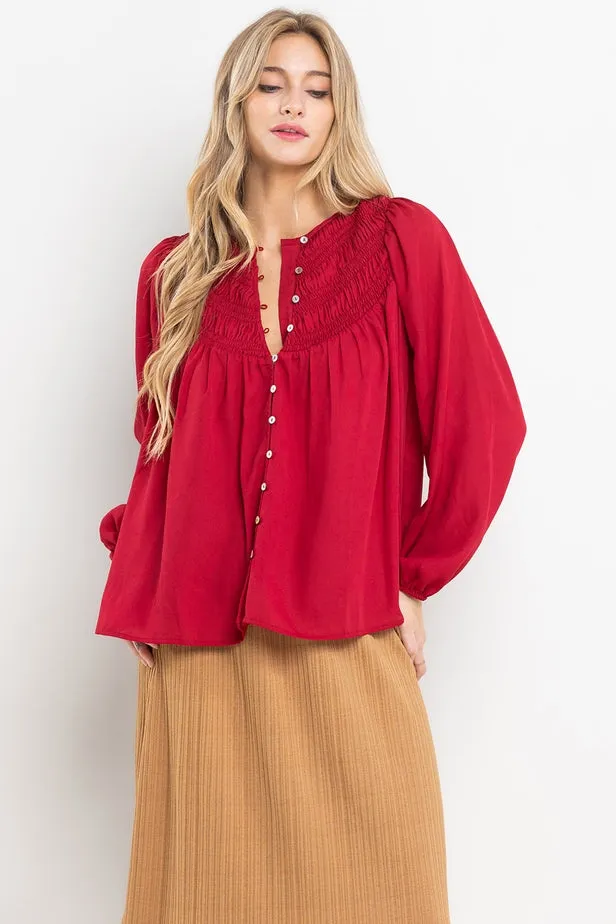 BURGUNDY SHIRRING DETAILED BUTTON DOWN BLOUSE