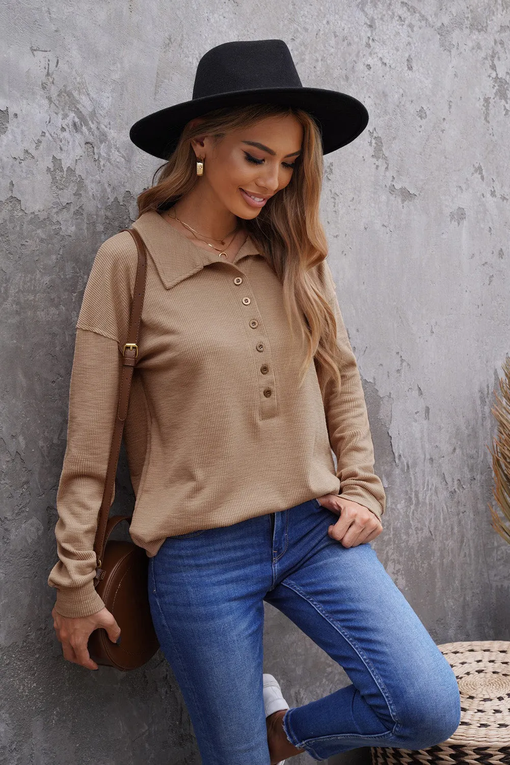 Button Turn-down Neck Knit Top