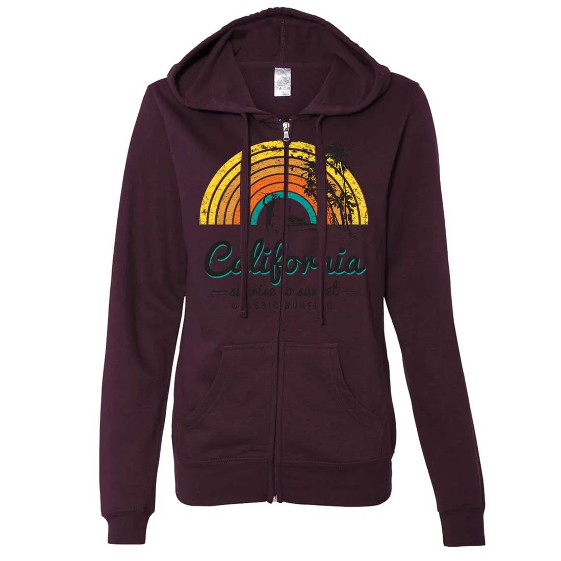 California Classic Sunrise Surfing Ladies Lightweight Fitted Zip-Up Hoodie