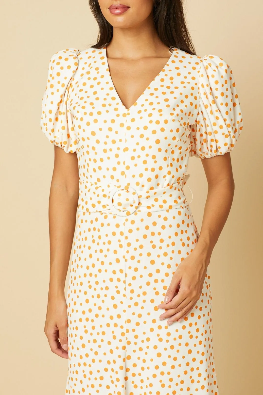 Catherine White Dress in Orange Polka Dot