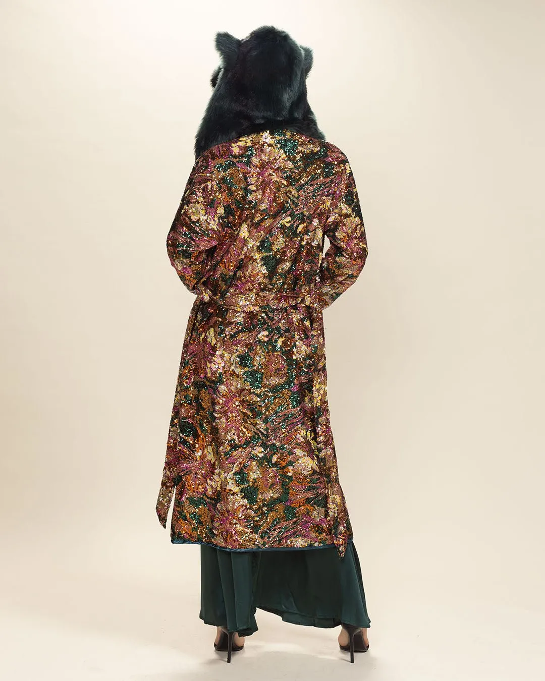 Classic Women's Long Sequin Coat | Oasis Emerald Green