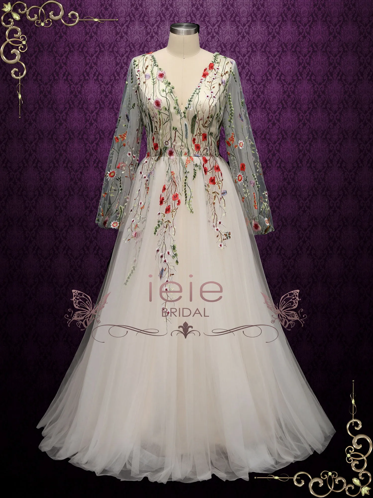 Colored Floral Lace Wedding Dress with Sleeves ALBA