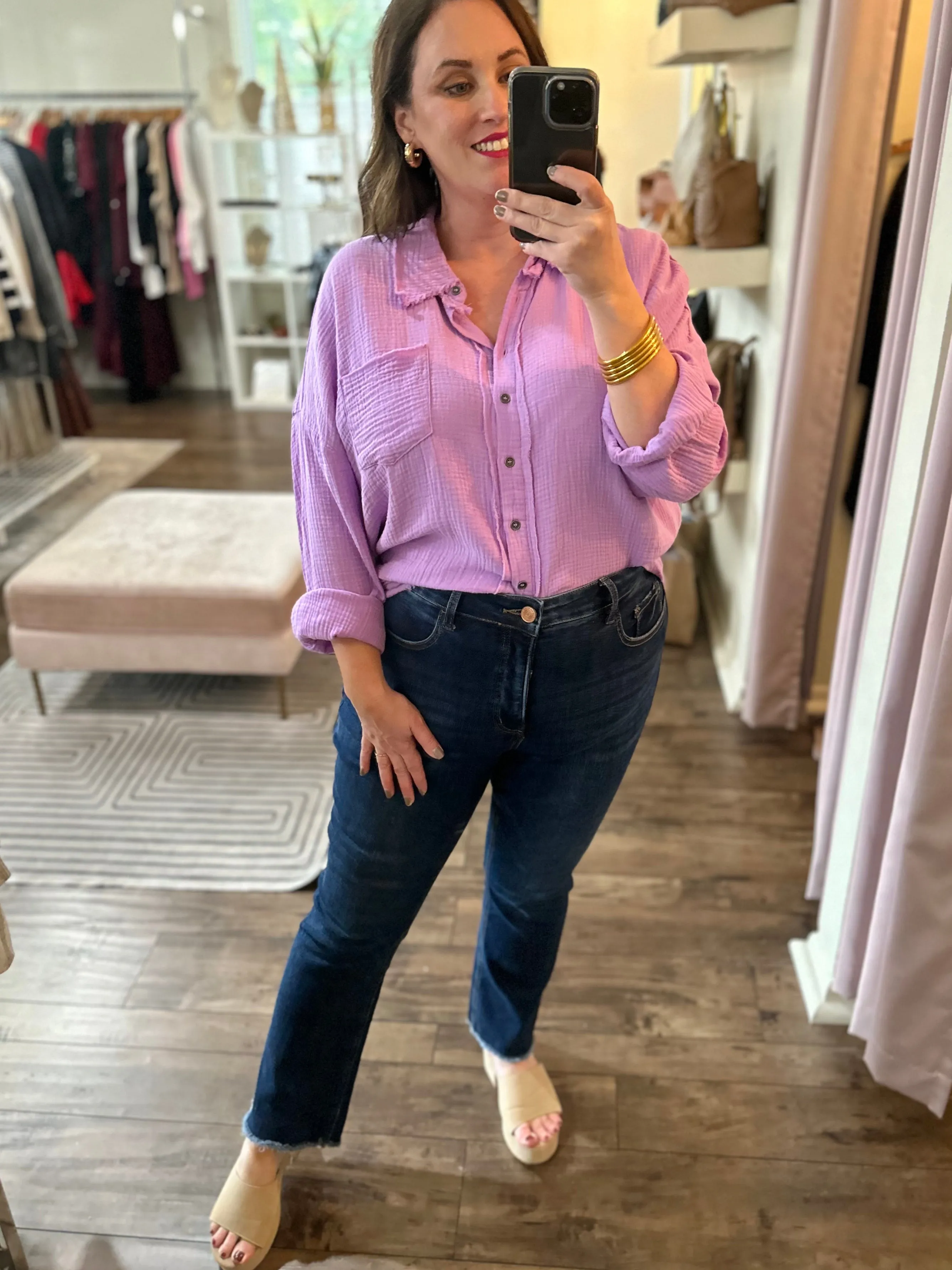 Curvy Lavender Gauze Button Down