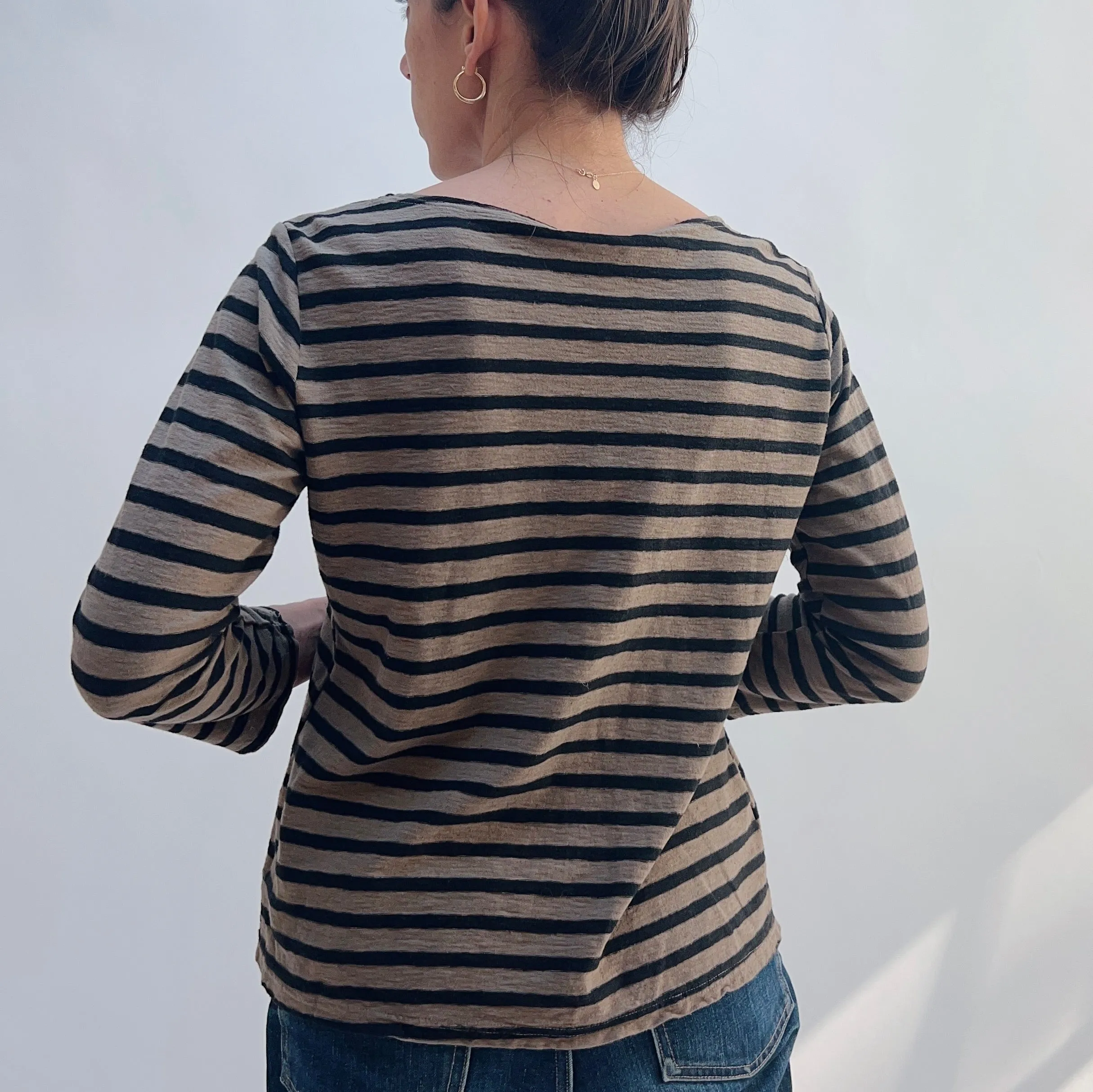 Cut Loose | 3/4 Sleeve Boatneck Linen Blend Top in Saddle Stripe