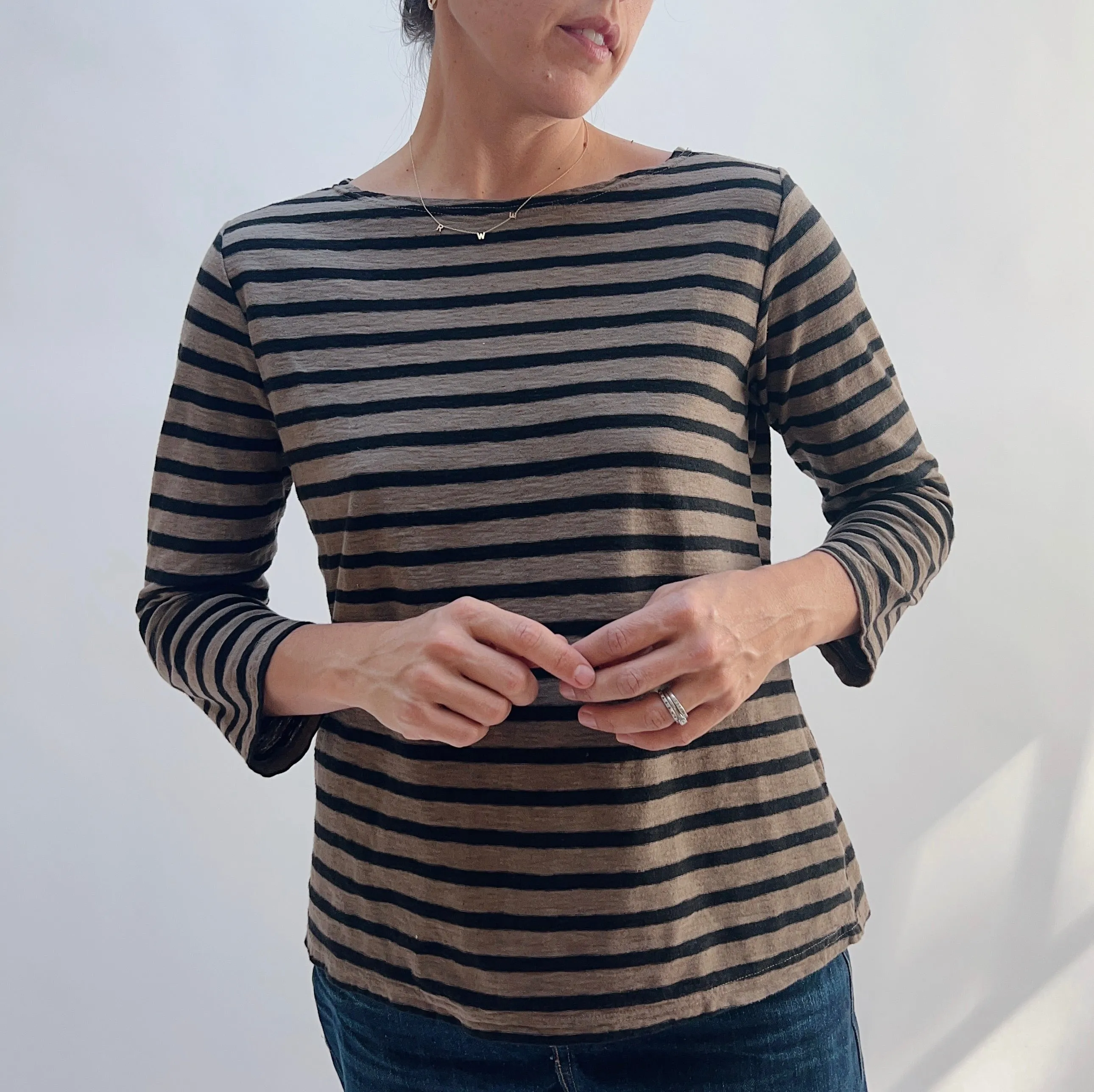 Cut Loose | 3/4 Sleeve Boatneck Linen Blend Top in Saddle Stripe