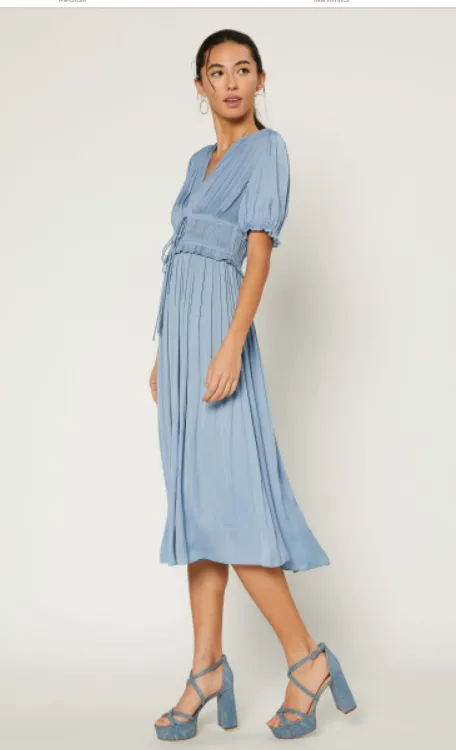 Dusty Blue Shirred Midi Dress