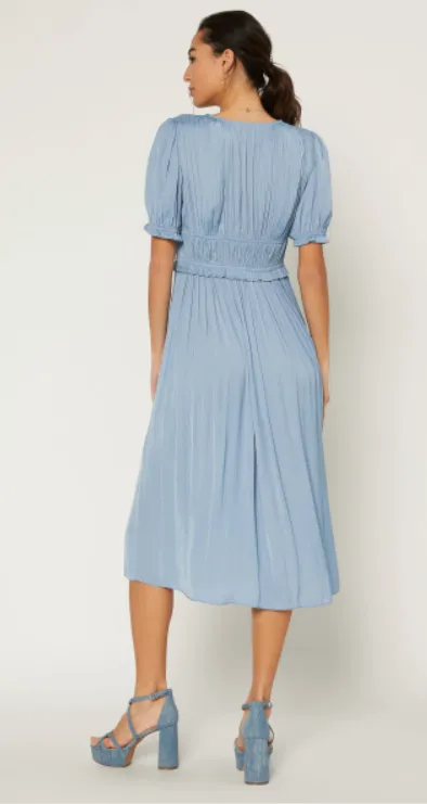 Dusty Blue Shirred Midi Dress