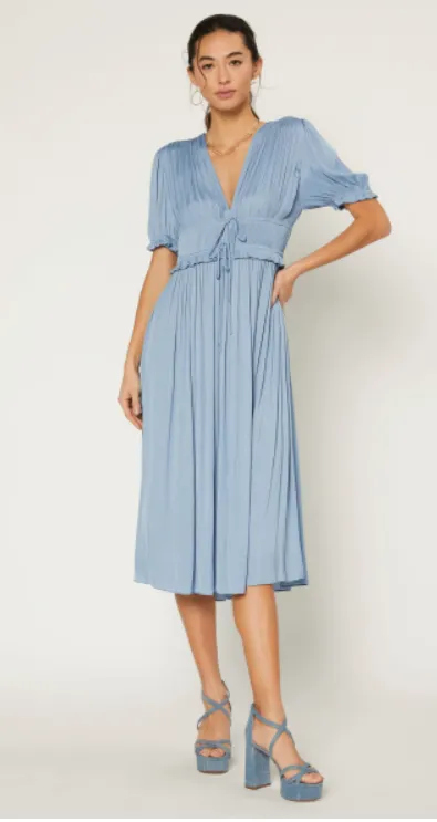 Dusty Blue Shirred Midi Dress