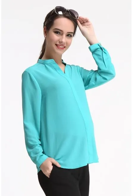 Eve Mandarin Collar Long Sleeve Maternity Top Turquoise