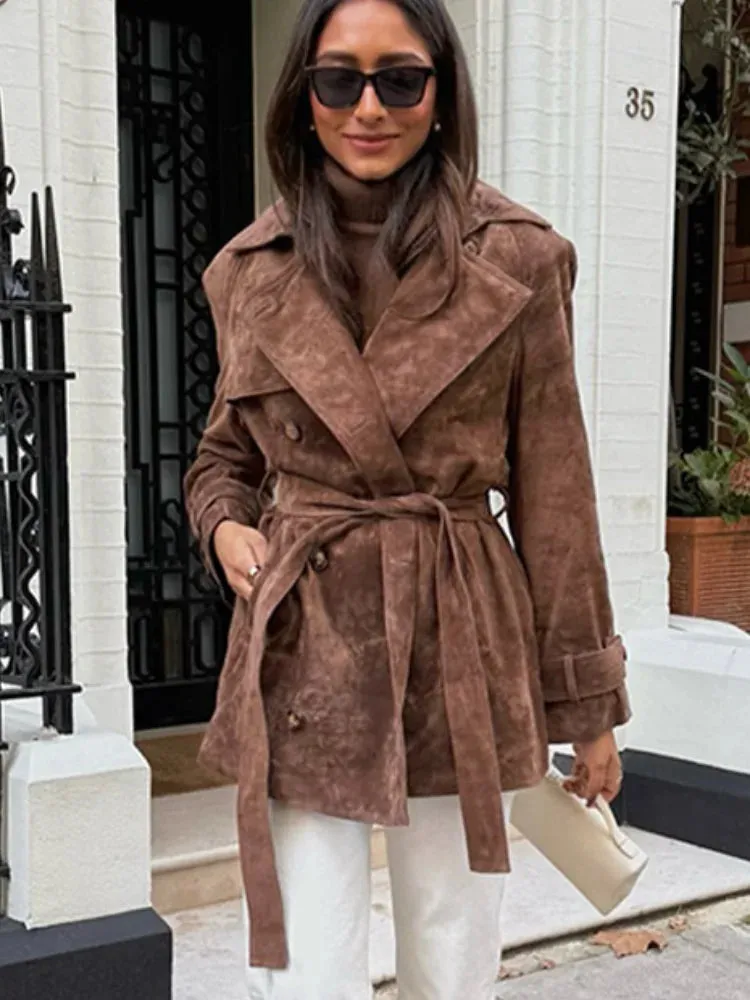 Fashionkova 2024 Fashion Long Sleeve Brown Belted Suede Leather Overcoats Women Chic Oversized Lapel Buttons Long Coats Lady Streetwear New