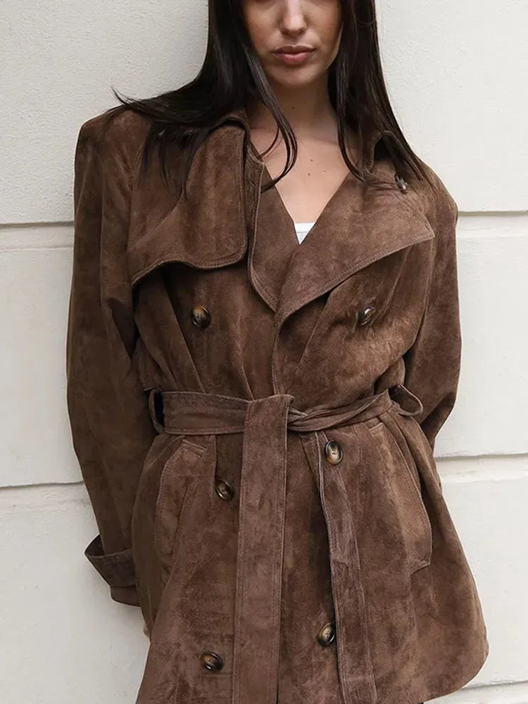 Fashionkova 2024 Fashion Long Sleeve Brown Belted Suede Leather Overcoats Women Chic Oversized Lapel Buttons Long Coats Lady Streetwear New