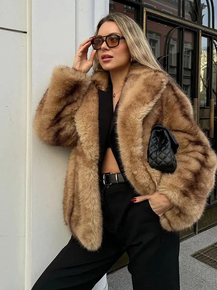 Fashionkova Christmas Gift Outfit Luxury Lapel Women Street Faux Fur Jacket Winter Thickened Long Sleeve Cardigan Coats 2025 New Female Fluffy Party Chic Overcoat