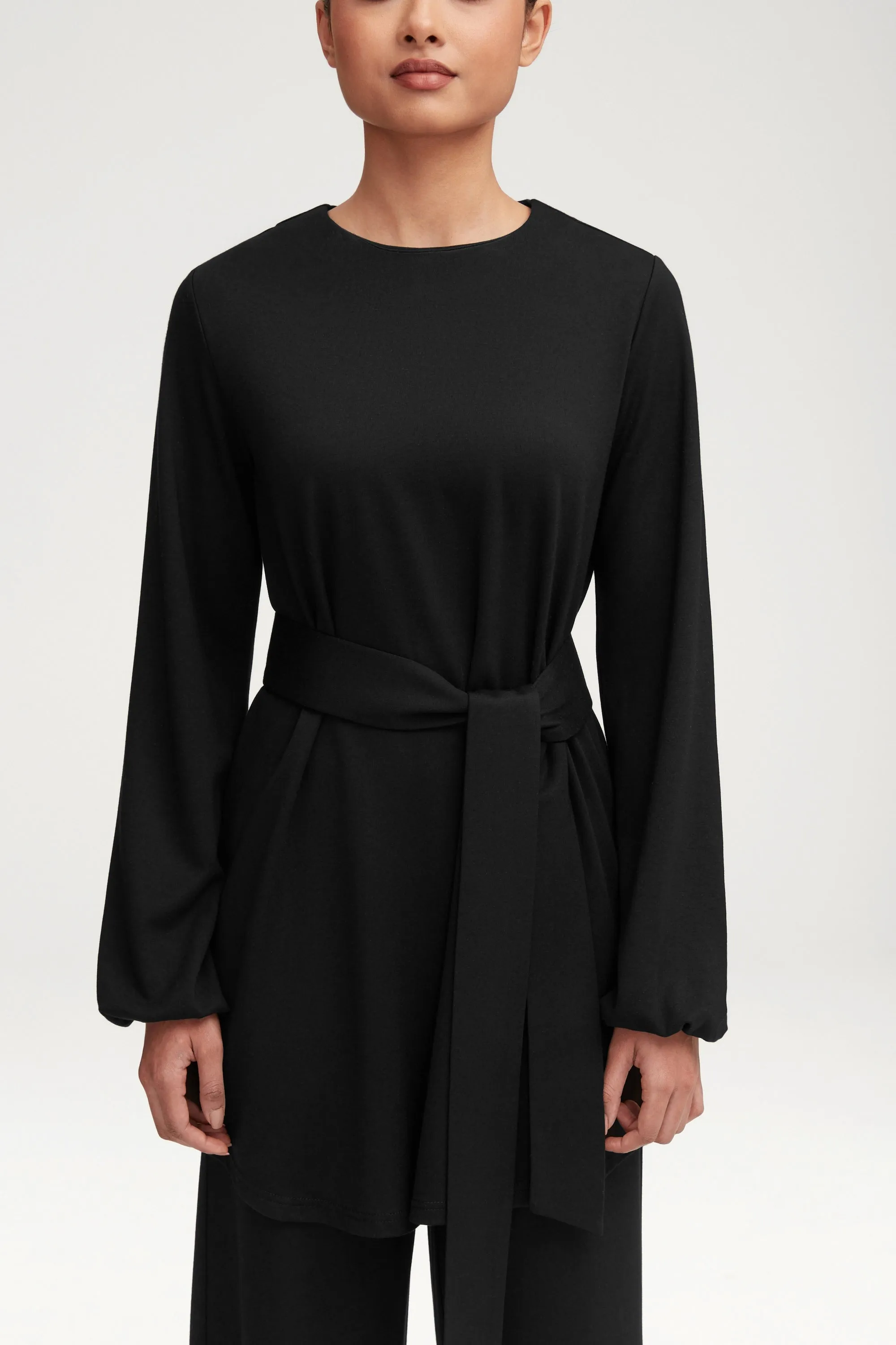 Fatima Everyday Belted Jersey Top - Black