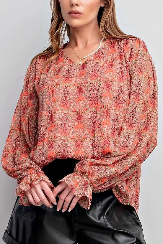 Floral Chiffon Lurex Top- Coral