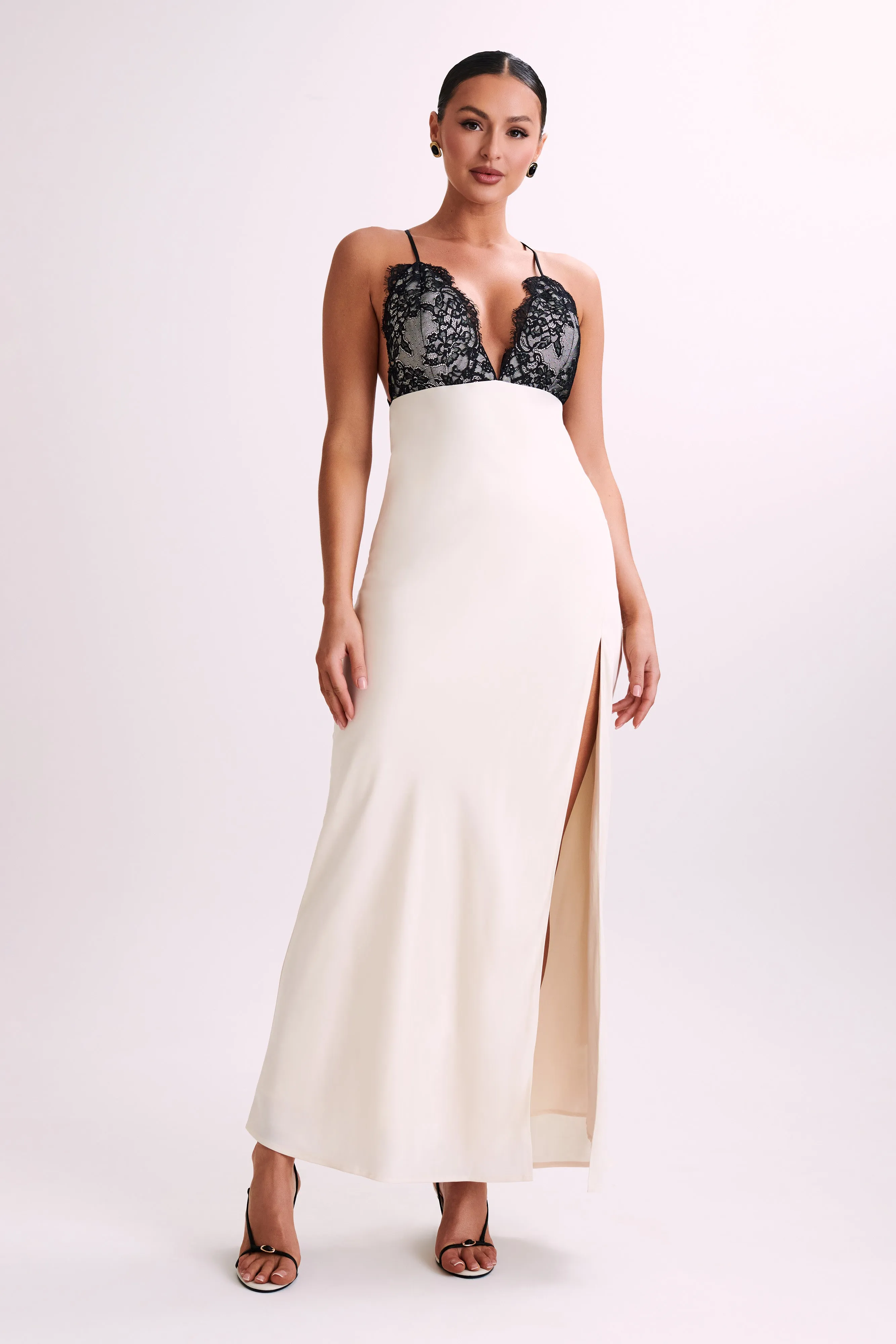 Gina Satin Slip Maxi Dress With Lace - Ivory