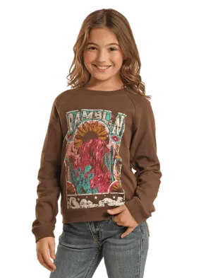 Girl's ROCK & ROLL COWGIRL RAMBLIN' JAVA GRAPHIC PULLOVER