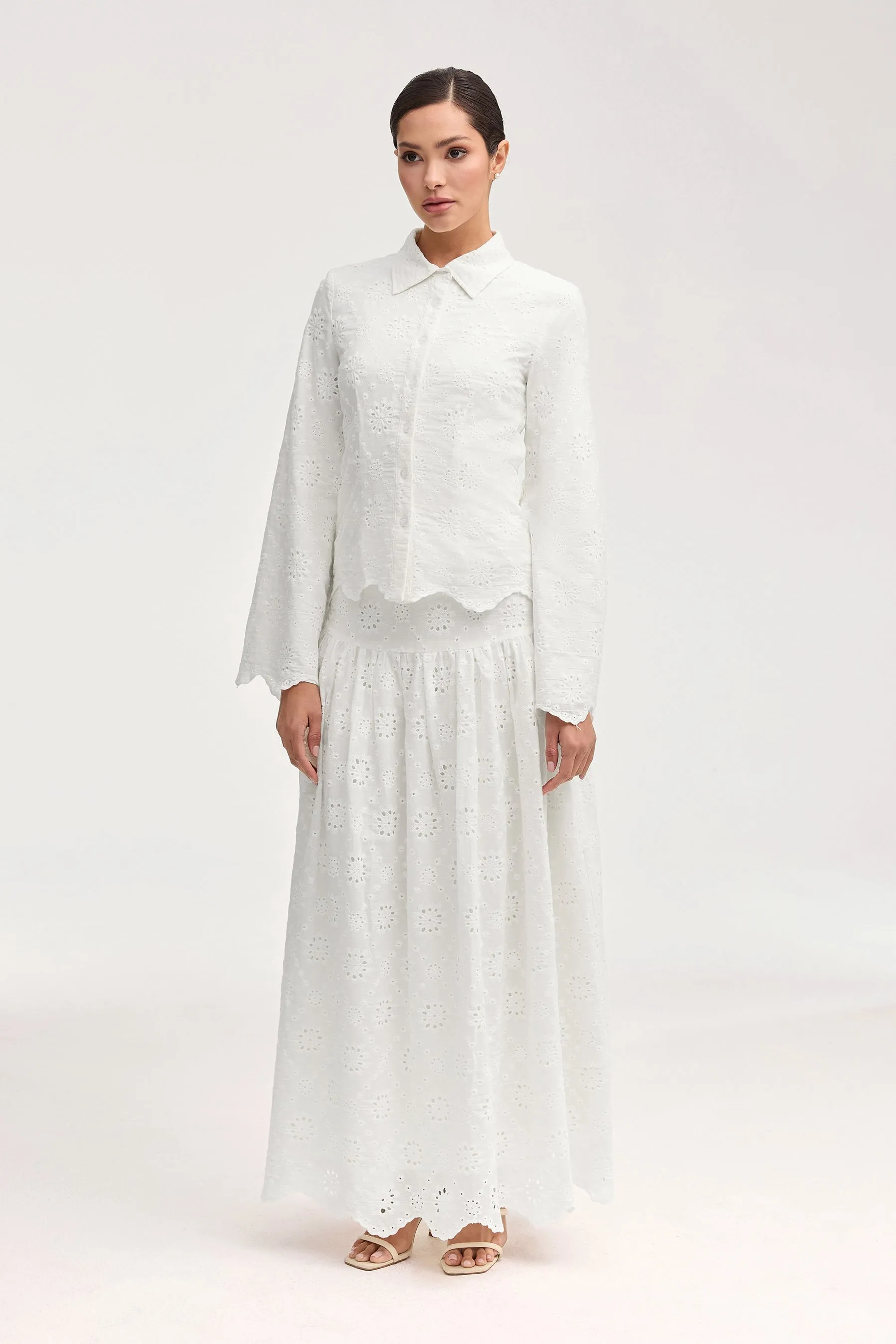 Halima White Eyelet Button Down Top