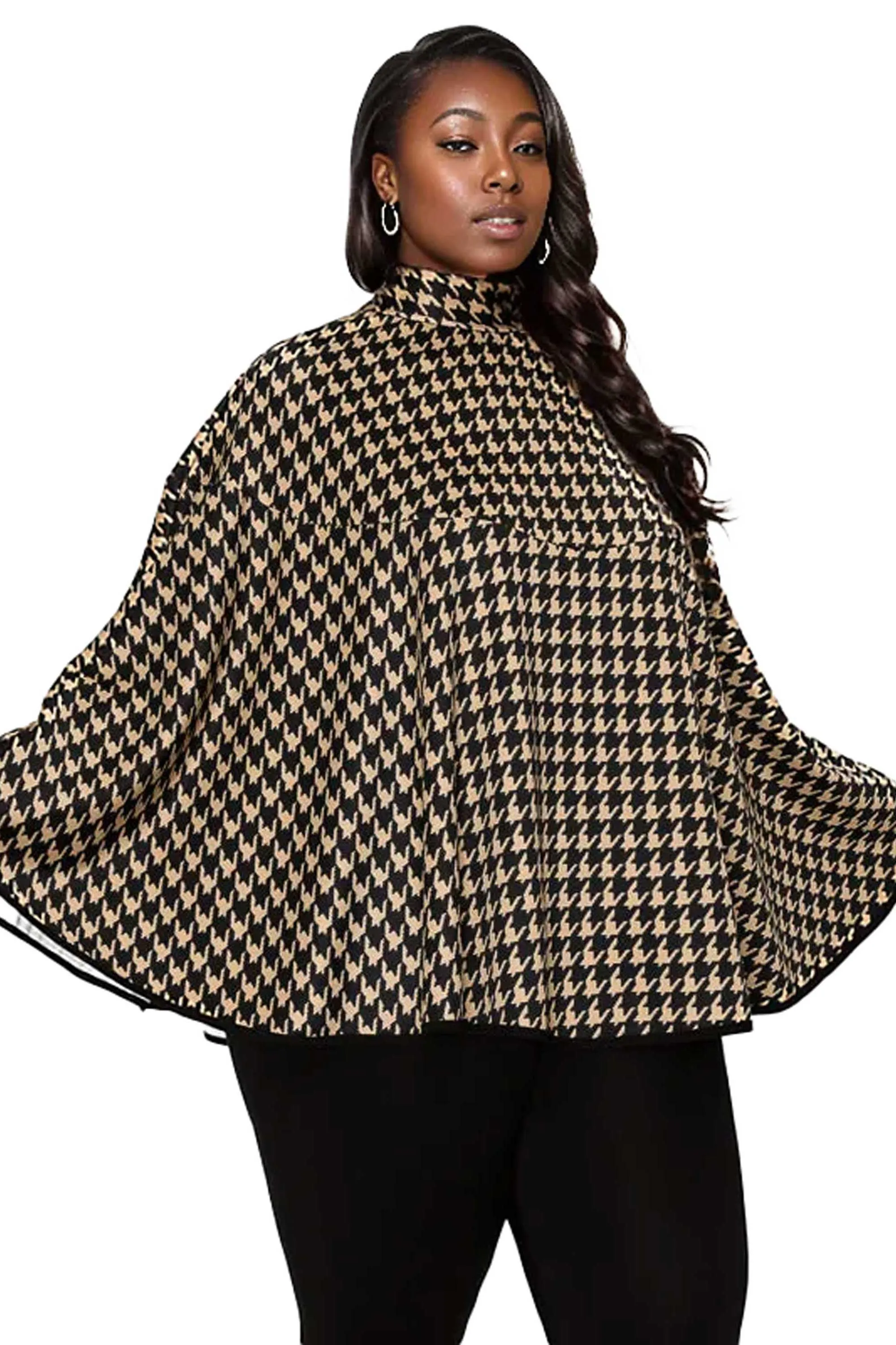 Houndstooth Poncho w/ Ribbon Accent