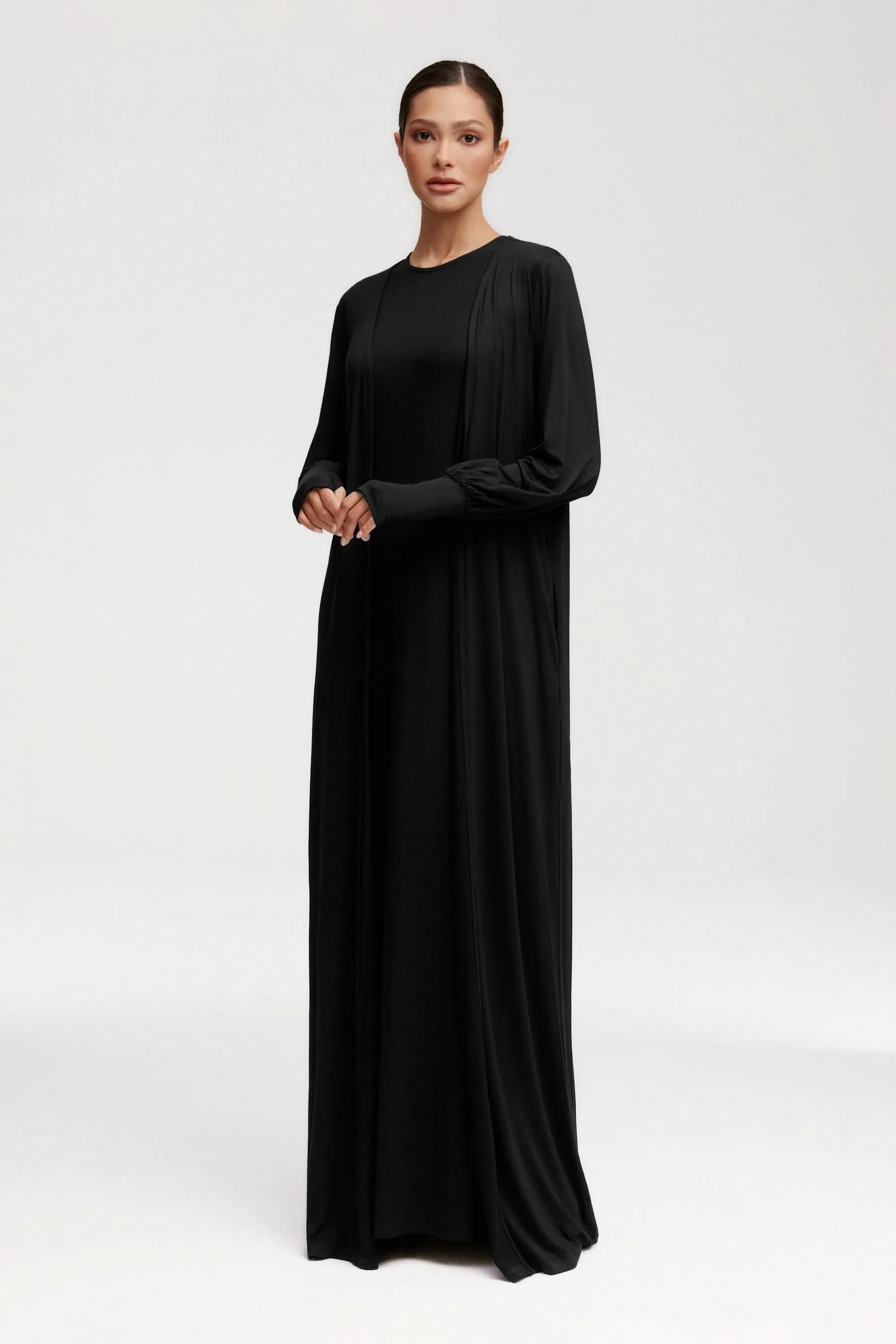 Jenin Jersey Open Abaya & Maxi Dress Set - Black