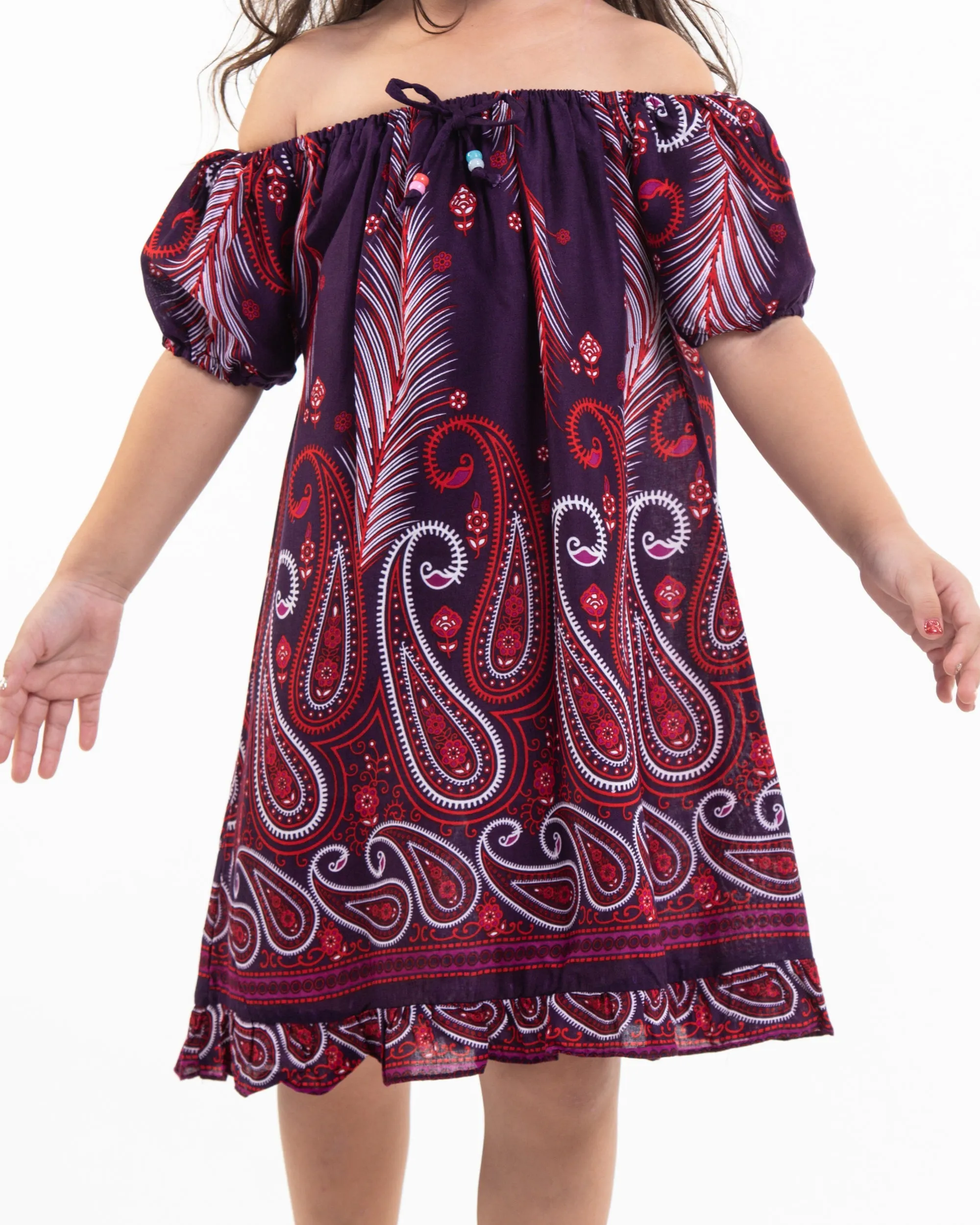 Kids Paisley Feathers Dress in Purple