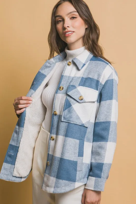 Lily Plaid Button Down Jacket with Front Pocket Detail