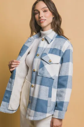 Lily Plaid Button Down Jacket with Front Pocket Detail