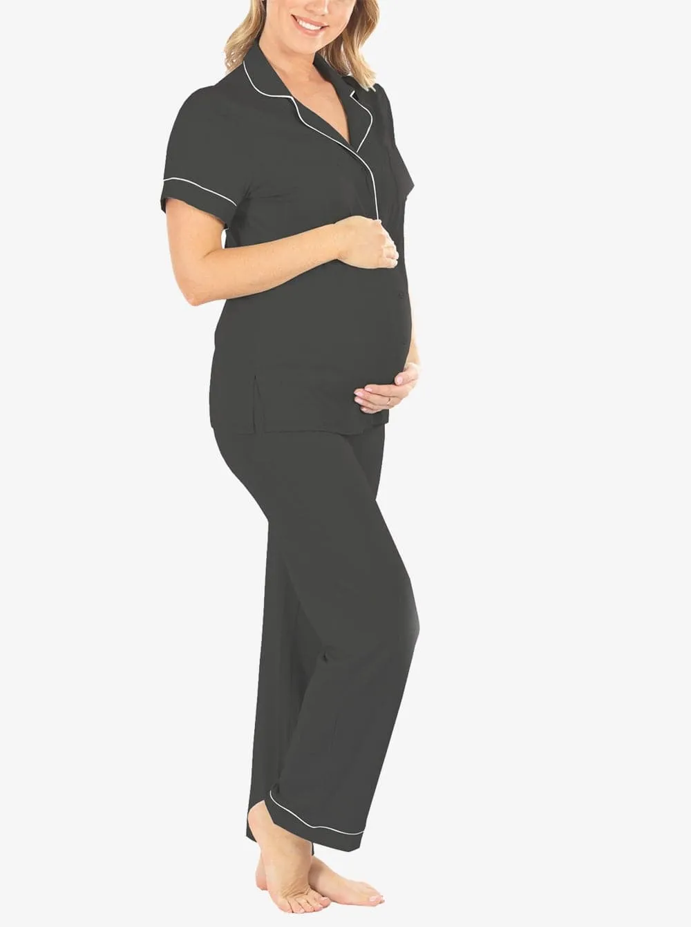 Maternity and Nursing short Sleeve Pyjama Set in Black Bamboo