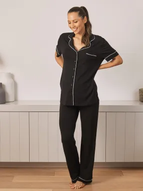 Maternity and Nursing short Sleeve Pyjama Set in Black Bamboo