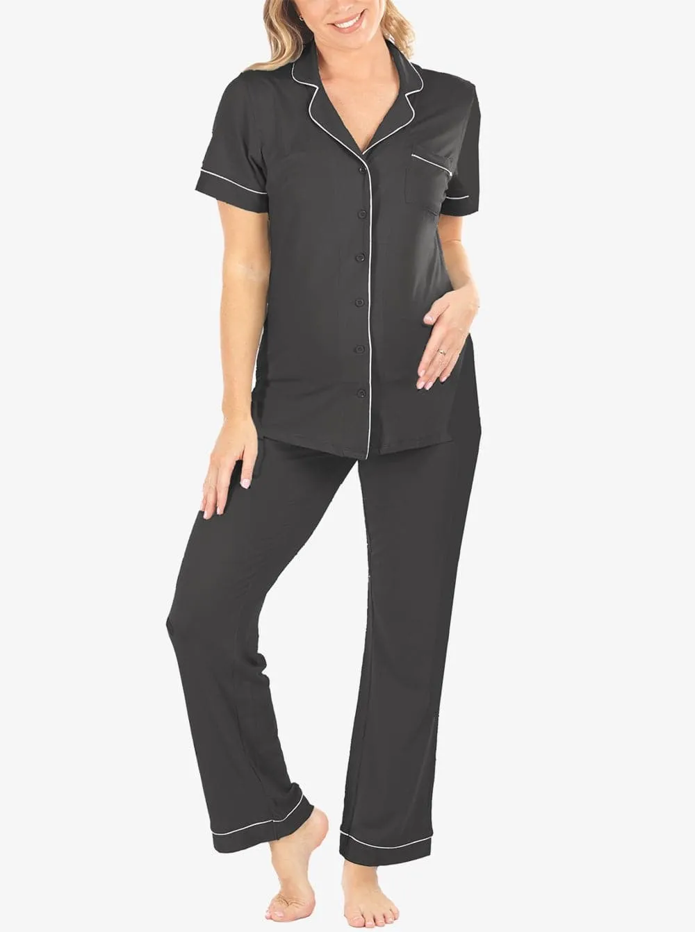 Maternity and Nursing short Sleeve Pyjama Set in Black Bamboo