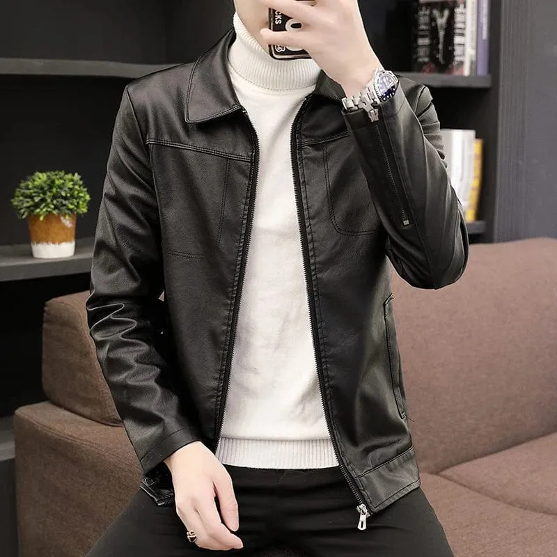 Men's leather velvet thickened fleece motorcycle jacket warm coat