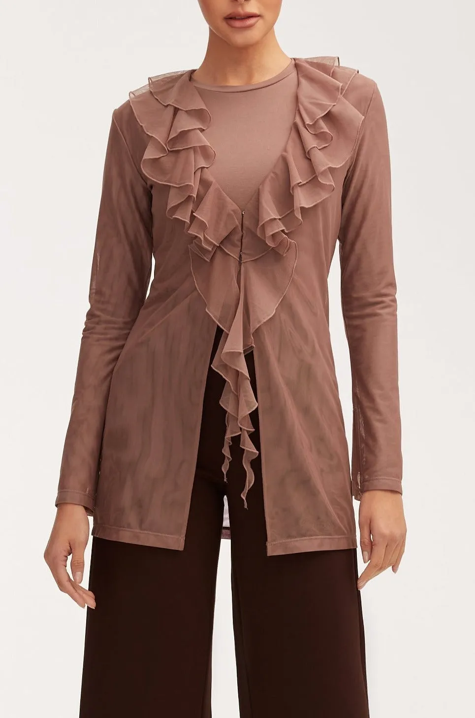 Mesh Ruffle Top - Deep Taupe