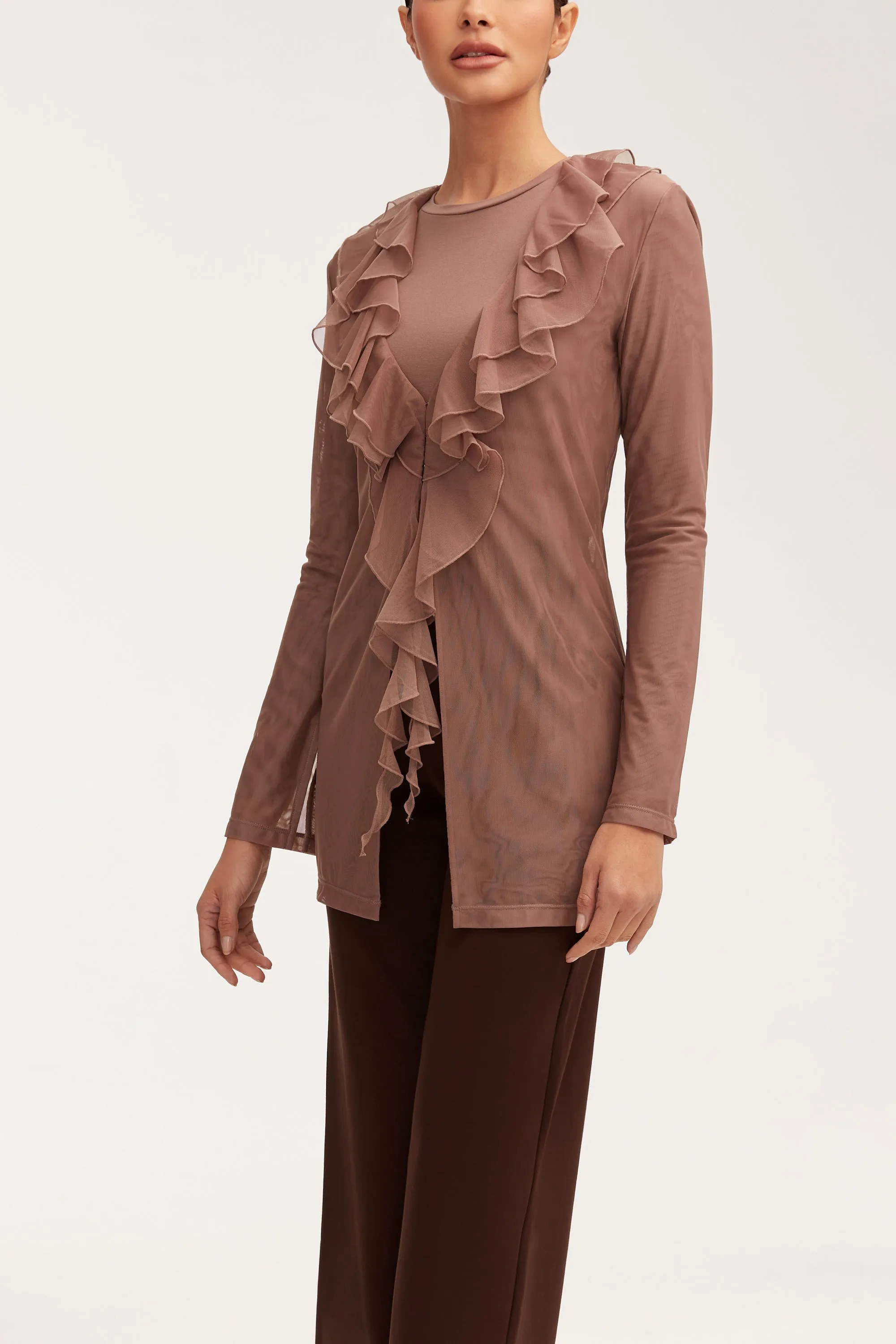 Mesh Ruffle Top - Deep Taupe